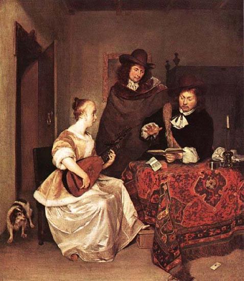 TERBORCH, Gerard A Young Woman Playing a Theorbo to Two Men oil painting image